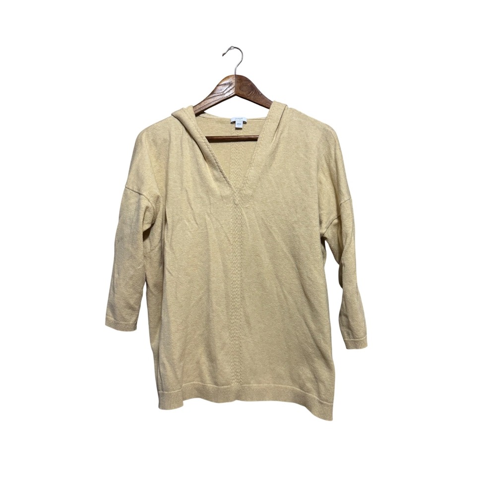 Pure Jill Hooded Sweater Womens L Yellow Excellent V-Neck 3/4 Sleeve Knit Top